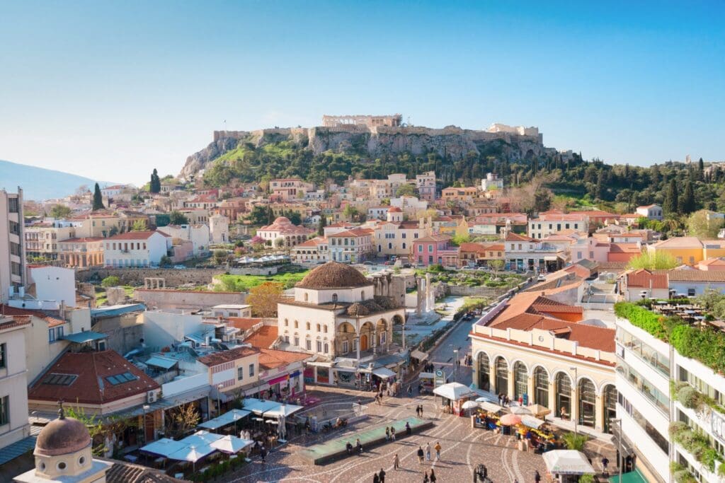 Skyline,Of,Athens,With,Moanstiraki,Square,And,Acropolis,Hill,,Athens